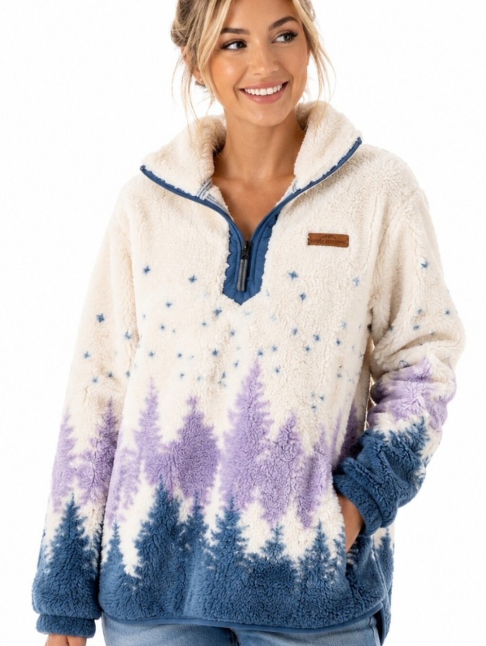 Simply Southern Sherpa Pullover Large Forest Print Quarter Zip Fleece NWT - Picture 3 of 13